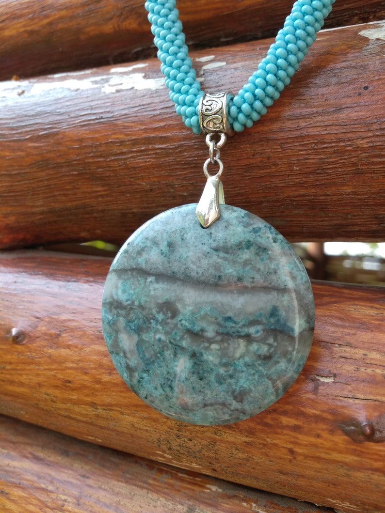 Agate pendant necklace Large circle stone pendant necklace Seed bead necklace Turquoise necklace