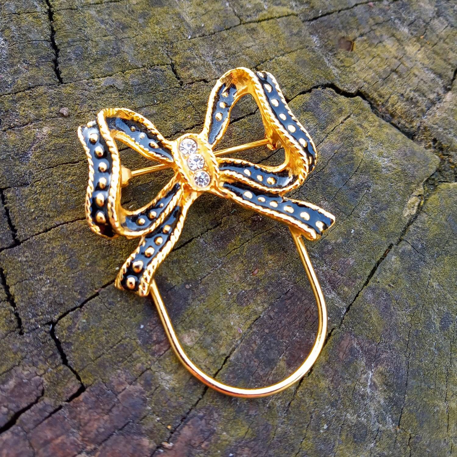 Ribbon gold tone brooch Enamel rhinestones wisted ribbon Etsy