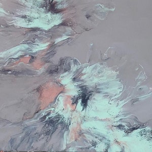 May include: Abstract painting with swirling patterns in shades of grey, teal, and pink. The background is a light grey, and the swirling patterns are in shades of teal, grey, and pink.