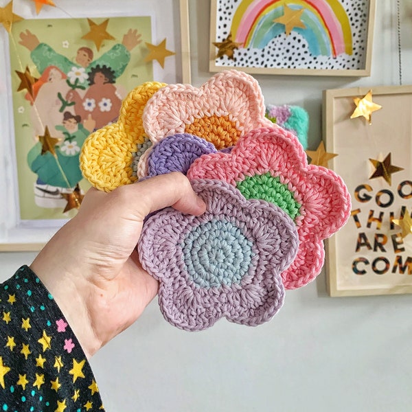 Crochet Coaster, Coasters, Y2K Home Decor, Crochet Coasters, 2000s, Y2K, Crochet Flower, Flower Coasters, Danish Pastel, Dopamine Decor