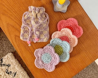 Crochet Flower Face Scrubbies, Reusable Face Wipes, Checkered Bag