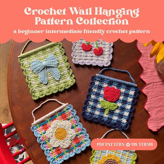 FOUR Crochet Wall Hanging Pattern Bundle Retro Plaid & Flower Appliqués (PDF Download)