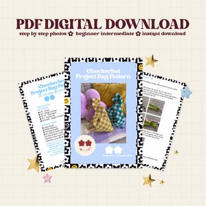 May include: A digital download featuring a crochet pattern for a checkerboard project bag. The image shows the pattern instructions, a pink and green checkerboard bag, and a blue and white border with the text "PDF DIGITAL DOWNLOAD".