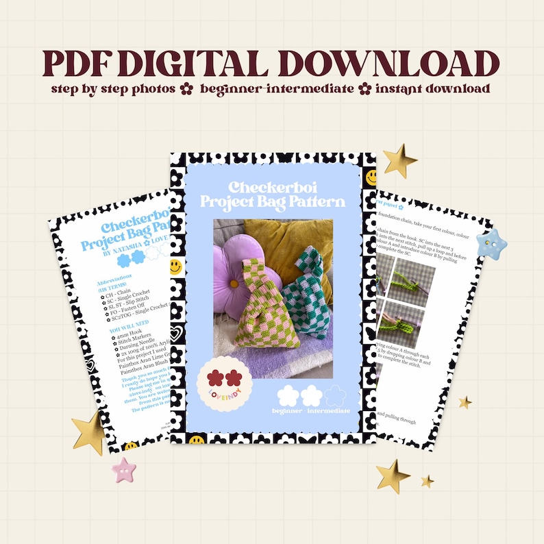 May include: A digital download featuring a crochet pattern for a checkerboard project bag. The image shows the pattern instructions, a pink and green checkerboard bag, and a blue and white border with the text "PDF DIGITAL DOWNLOAD".
