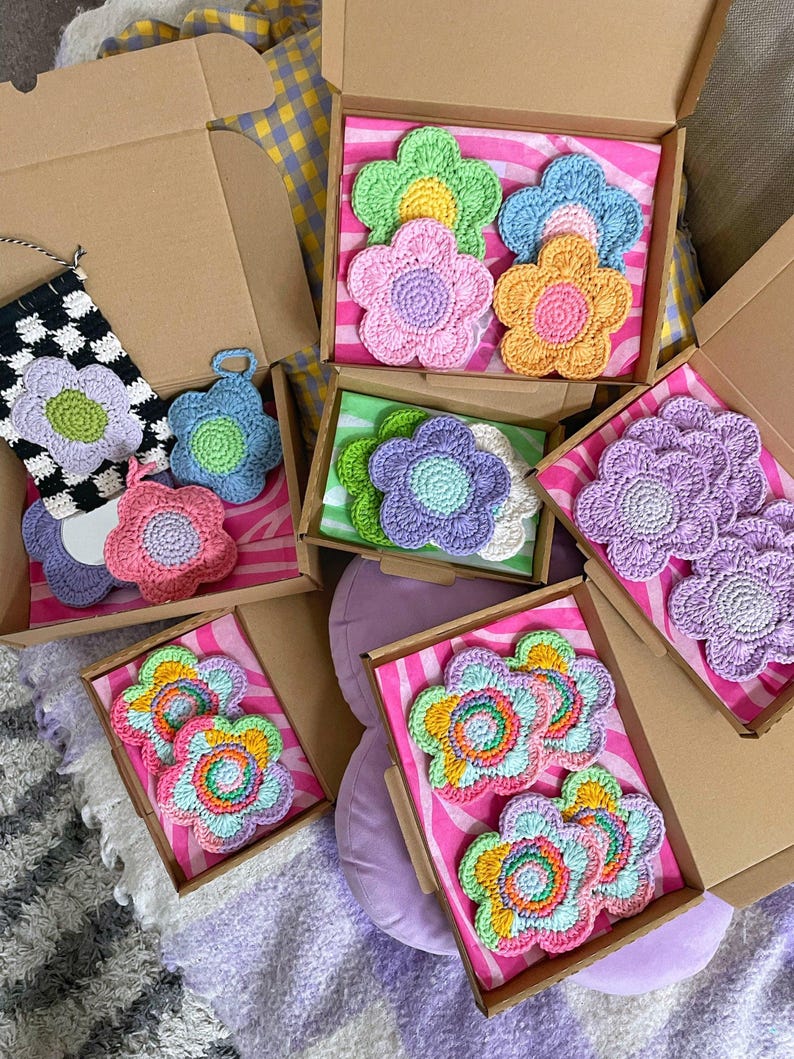 Crochet Flower Coaster: Colorful Cotton Yarn, Y2K Decor image 5