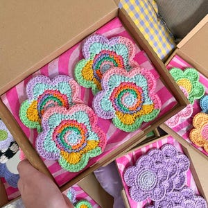 Crochet Flower Coaster: Colorful Cotton Yarn, Y2K Decor image 3
