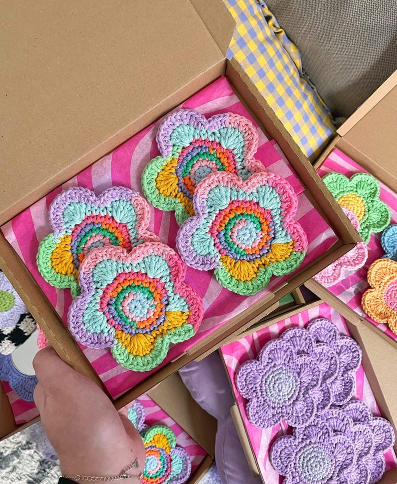 Crochet Flower Coaster: Colorful Cotton Yarn, Y2K Decor image 3