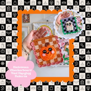 May include: Handmade Halloween-themed wall hangings. One features a smiling orange pumpkin on a checkered background, the other a ghost. Both are crocheted with colorful yarn and scalloped edges. The text reads "Halloween Checkerboard Wall Hanging Patterns."