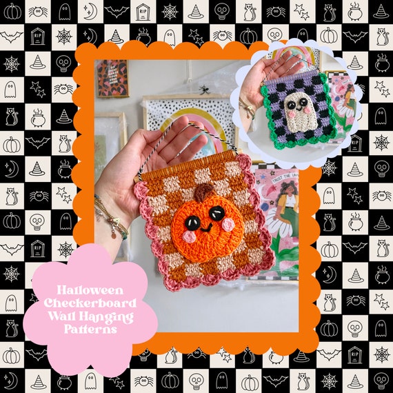 Halloween Crochet Wall Hanging Pattern: Checkerboard, Pumpkin, Ghost (PDF Pattern)