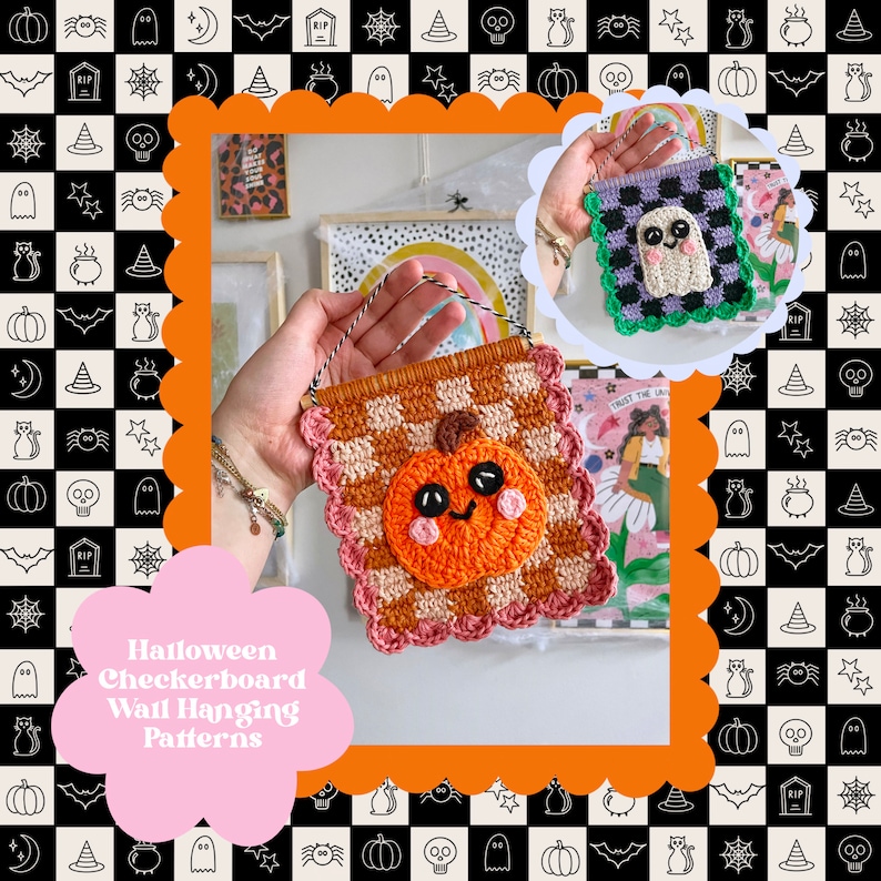 May include: Handmade Halloween-themed wall hangings. One features a smiling orange pumpkin on a checkered background, the other a ghost. Both are crocheted with colorful yarn and scalloped edges. The text reads "Halloween Checkerboard Wall Hanging Patterns."