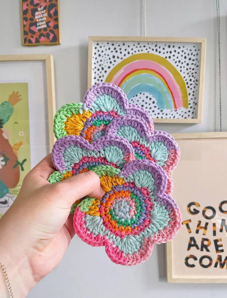 Crochet Flower Coaster: Colorful Cotton Yarn, Y2K Decor image 4