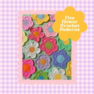 FIVE Crochet Flower Pattern, Daisy Coaster Pattern, Crochet Decal, Crochet Pattern, Y2K