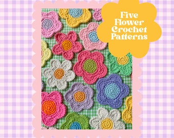 FIVE Crochet Flower Pattern, Daisy Coaster Pattern, Crochet Decal, Crochet Pattern, Y2K