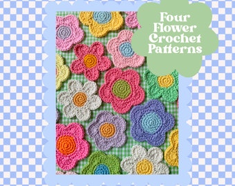 FOUR Crochet Flower Pattern, Crochet Decal, Crochet Pattern, Y2K