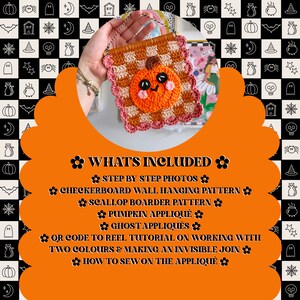 May include: A handmade crochet wall hanging featuring a pumpkin appliqu&eacute; on a checkered background. The banner has a scalloped border and includes the text "WHAT'S INCLUDED". The color palette includes orange, pink, and brown.