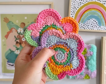 Crochet Flower Coaster: Colorful Cotton Yarn, Y2K Decor