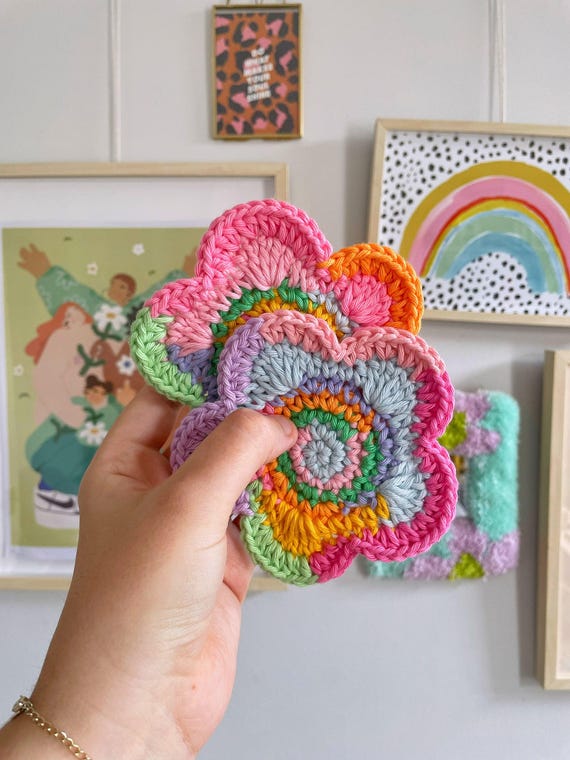 Crochet Flower Coaster: Colorful Cotton Yarn, Y2K Decor