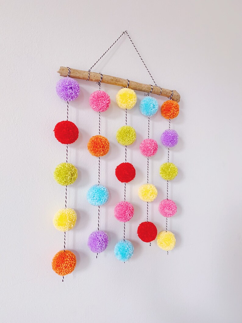 Pom Pom Wall Hanging Rainbow Pom Pom Garland Driftwood Wall Etsy UK