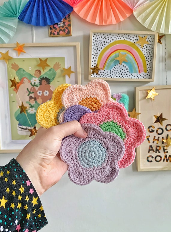 Crochet Coaster, Coasters, Y2K Home Decor, Crochet Coasters, 2000s, Y2K,  Crochet Flower, Flower Coasters, Danish Pastel, Dopamine Decor 