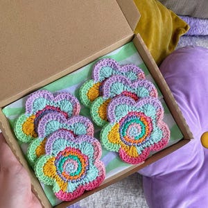 Crochet Flower Coaster: Colorful Cotton Yarn, Y2K Decor image 6
