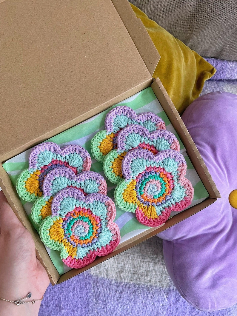 Crochet Flower Coaster: Colorful Cotton Yarn, Y2K Decor image 6