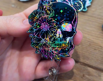 Radiologist Skull Badge Reel, Retractable Interchangeable Designs - Radiology Nurse Gift - Skeleton Floral Rad Tech Holder