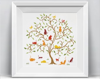 Cats Cross Stitch Pattern - Cats on a tree - Gift - PDF Format - INSTANT DOWNLOAD