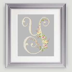 Patrón de punto de cruz - Letra "Y" - Letra personalizada - "Y" - Punto de cruz de flores - Punto de cruz de boda - PDF - DESCARGA INMEDIATA
