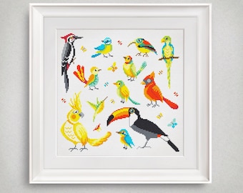 Bright Birds Cross Stitch Pattern - Modern Cross Stitch Pattern Birds - PDF - INSTANT DOWNLOAD
