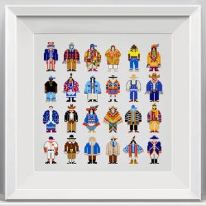Könnte beinhalten: Gerahmtes Kreuzstich-Kunstwerk mit einem Raster von 28 pixeligen Figuren in verschiedenen Outfits. Die Figuren tragen farbenfrohe Kleidung, darunter Anzüge, Jacken und traditionelle Kleidungsstücke. Das Kunstwerk befindet sich in einem weißen Rahmen.