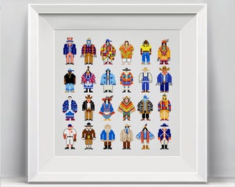 Folk People Cross Stitch Pattern Cowboy Pilgrim Uncle Sam Native American Woman Patriotic Modern Cultural Costumes PDF INSTANT DOWNLOAD