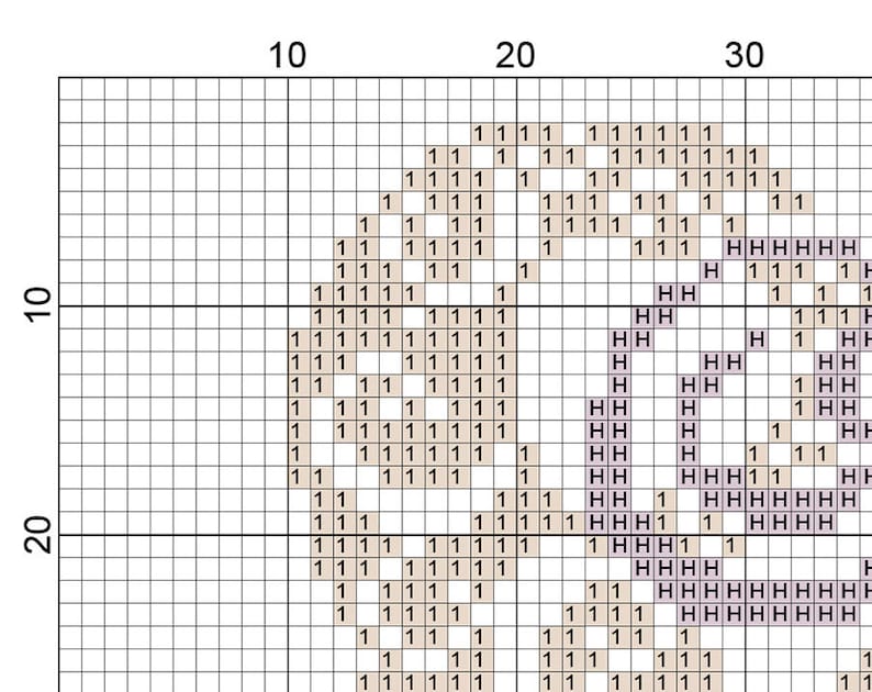 Puede incluir: Un gr&aacute;fico de punto de cruz con un dise&ntilde;o floral estilizado en beige y morado claro. El gr&aacute;fico est&aacute; dividido en una cuadr&iacute;cula con n&uacute;meros en la parte superior y lateral.