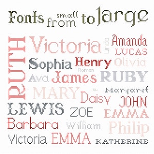 May include: A white background with the words "Fonts from small to large" in dark green text.  The names Ruth, Victoria, Amanda, Lucas, Sophia, Henry, Olivia, Ava, James, Ruby, Mary, Daisy, John, Lewis, Zoe, Emma, Barbara, William, Philip, Victoria, Emma, and Katherine are written in various shades of pink, red, and gray. The names are arranged in a cloud-like formation, with the largest names at the bottom and the smallest names at the top.