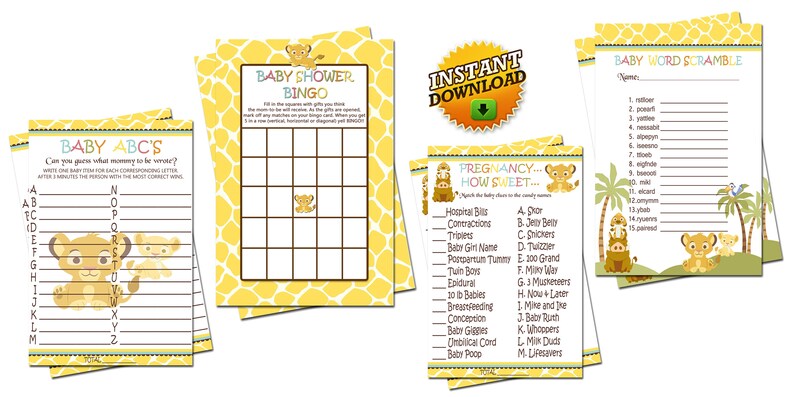 4 Baby Simba Lion King Baby Shower Games Instant Download Etsy
