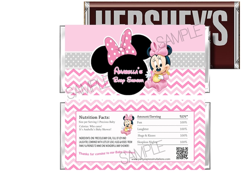 BABY MINNIE MOUSE BABY SHOWER FAVORS CANDY BAR WRAPPERS HERSHEY BAR WRAPPERS