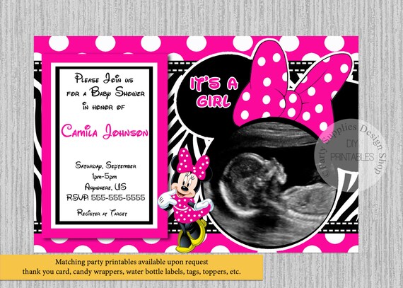 Hot Pink Baby Minnie Baby Shower Invitations Ultrasound Etsy