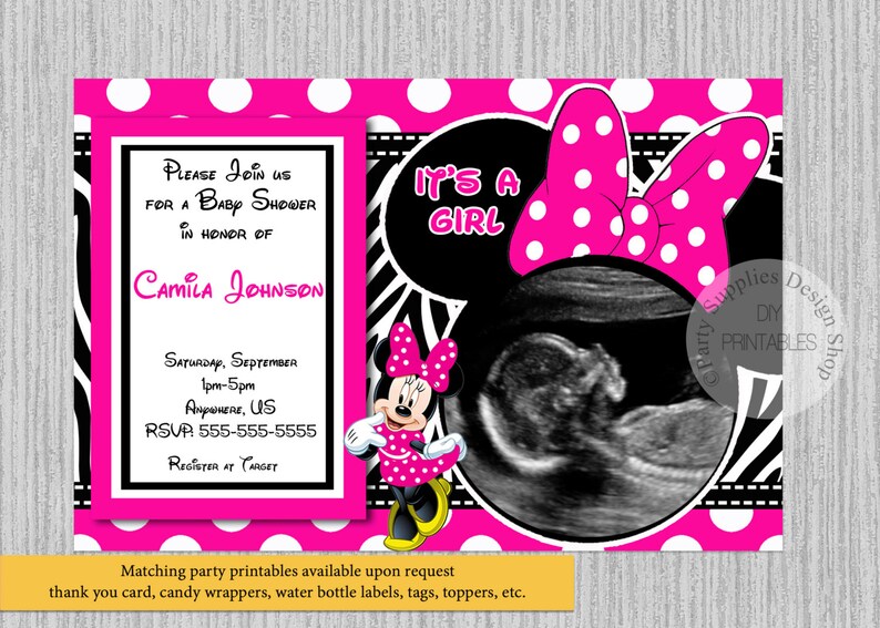 Hot Pink Baby Minnie Baby Shower Invitations Ultrasound Etsy