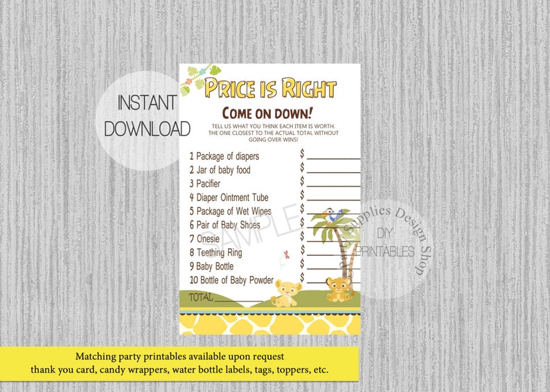 Baby Simba Lion King Price Is Right Baby Shower Games Instant Etsy