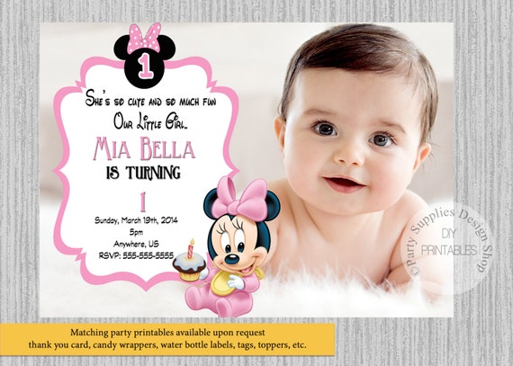 Cute Baby Minnie Mouse Birthday Invitations Baby Minnie 1st Birthday Photo Party Invitations Diy Printable Baby Minnie Party Supplies