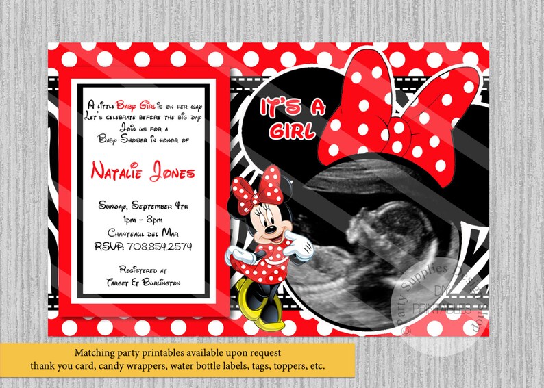 Printed Or Digital Red Minnie Mouse Baby Shower Invitations Etsy
