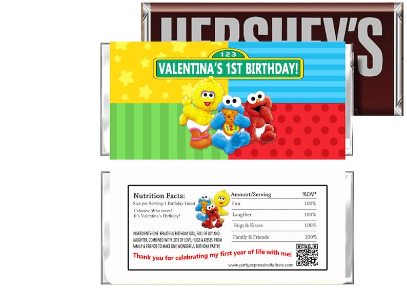 BABY SESAME STREET BIRTHDAY PARTY FAVORS CANDY BAR HERSHEY BAR WRAPPERS