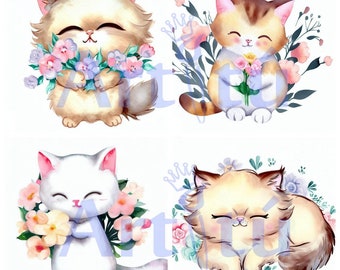 Best clipart 25 cute cats with flowers image download, cat image scrapbooking, cute cat digital art, best ai generated art, cute Digital art