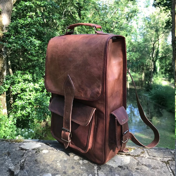 Leather Backpack, Tan Leather Satchel, Leather bag, Leather Rucksack, Brown Boho Festival, Gift for Him / Her