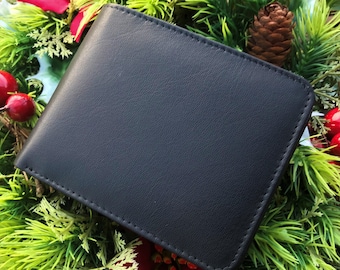 Cartera de cuero hecha a mano, cartera de cuero negra, cartera plegable, regalo para hombres, cartera para tarjetas de crédito, monedas, idea de regalo para el día del padre, regalo para hombres