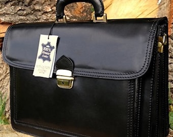 16" Leather Black Briefcase, Laptop Bag, Leather Satchel, Portfolio Messenger Bag Real Leather Office Bag Attache Italian, Fathers Day Gift