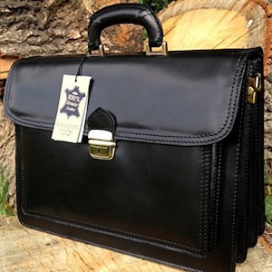 Maletín de cuero negro de 16", bolso para computadora portátil, cartera de cuero, bolso tipo mensajero, bolso de oficina de cuero auténtico, bolso italiano, regalo para el Día del Padre