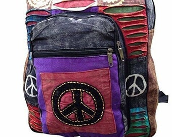 Indie Boho Hippy Backpack, Hand Made Cotton Bag, Peace Symbol Design Hippie Beach Peace Festival Rucksack Retro Style