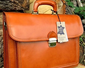 16 "Hand Made Leather Briefcase Tan Italian Laptop Satchel Portfolio Messenger Bag Real Leather Office Bag Attache