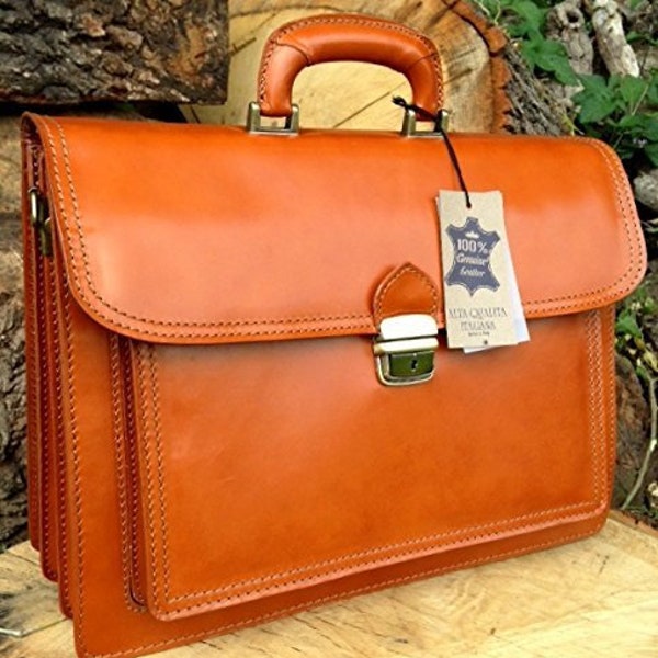 16" Hand Made Leather Briefcase Tan Italian Laptop Satchel Portfolio Messenger Bag Real Leather Office Bag Attache