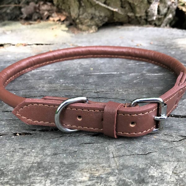 Hand Made Soft Leather Rolled Dog Collar Brown